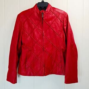 Studio Works Red Leather Moto jacket Vintage Y2K 90s Diamond Pattern Size L